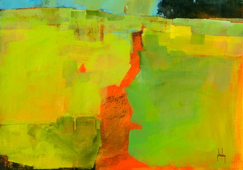 Paul Bailey, Orange Path (Wunschgröße, Malerei, abstrakte Malerei, Landschaft, Felder, Bäume, Farbfelder, Weg, Wohnzimmer, Büro, bunt)