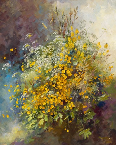 Paul Messely, Bouton-dor (Blumen, Blumenstrauß, Blüten, üppig, Malerei, Wohnzimmer, Treppenhaus, Esszimmer Wunschgröße, bunt)