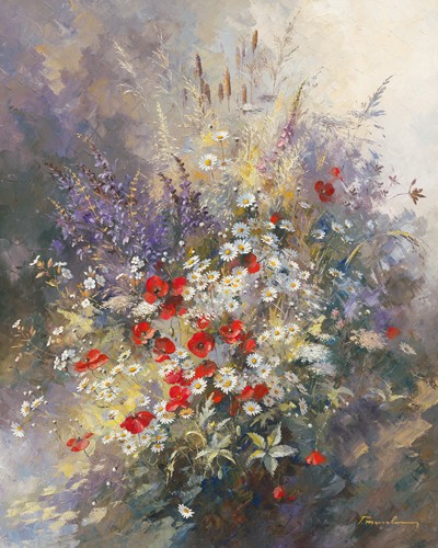Paul Messely, Coquelicots (Blumen, Blumenstrauß, Blüten, üppig, Malerei, Wohnzimmer, Treppenhaus, Esszimmer, Wunschgröße, bunt)