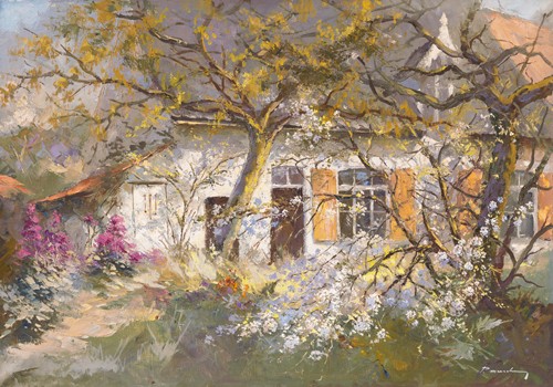 Paul Messely, Fleur de cerisier (Landschaft, Garten, Haus, Landhaus, Blumen, Blüten,  Frühling, Wohnzimmer, Treppenhaus, Esszimmer, Wunschgröße, Malerei, bunt)