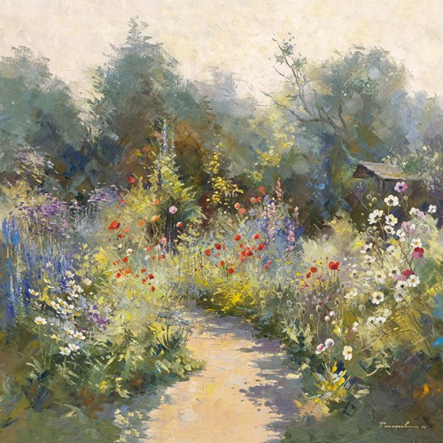 Paul Messely, Petit paradis (Landschaft, Garten, Haus, Landhaus, Blumen, Blüten, Gartenweg, Frühling, Wohnzimmer, Treppenhaus, Esszimmer, Wunschgröße, Malerei, bunt)