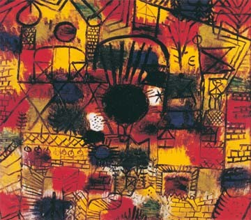 Paul Klee, Komposition mit schwarzem Punkt (Malerei, Expressionismus, Häuser, Kirchen, Architektur, Mauern ,Farbfelder, Klassische Moderne, Wohnzimmer, Arztpraxis, bunt)
