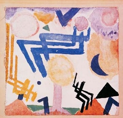 Paul Klee, Landschaftliches Hieroglyph (Wunschgröße, Malerei, Expressionismus, Landschaft, Bäume, Muster, Ornamente, Klassische Moderne, Wohnzimmer, Arztpraxis, bunt)