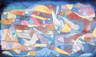 Paul Klee, Spielende Fische (Wunschgröße, Malerei, Expressionismus, Meer, Fische, Wellen, Klassische Moderne, Wohnzimmer, Arztpraxis, bunt)