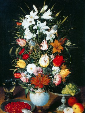 Jan Brueghel der Ältere, Vase mit Blumen (Stillleben, Blumenstrauß, Vase, üppig, prächtig, Vanitas, Vergänglichkeit, Tulpen, Lilien,Früchte,Schmetterlinge, Früchte, Barock, Wunschgröße, Klassiker, Blumenbrueghel, Samtbrueghel, Wohnzimmer)