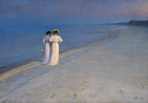 Peder Severin Kroyer, Sommerabend bei Skagen (Klassiker, Malerei, Impressionismus, Norwegen, Meer, Strand, Sommerabend, Frauen, Spaziergang, Wohnzimmer, Arztpraxis, Wunschgröße, blau / beige)