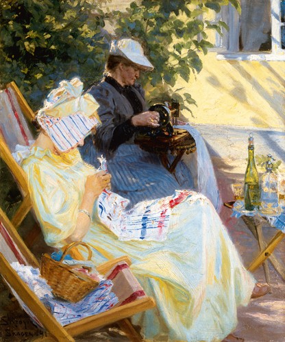 Peder Severin Kroyer, Zwei Frauen im Garten (Wunschgröße, Klassiker, Malerei, Impressionismus, Licht, Reflexion, Frauen, Handarbeiten, Sticken, Sommer, Liegestuhl, bunt)