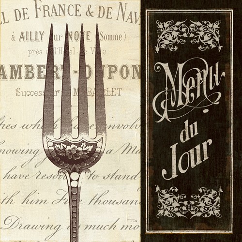 Pela Studio, French Menu II (Wunschgröße, Grafik, Café, Kaffee, Gabel, Silbergabel,  Besteck, Schrift, Kalligrafie, Gastronomie, Bistro, Küche, Esszimmer, sepia/schwarz)