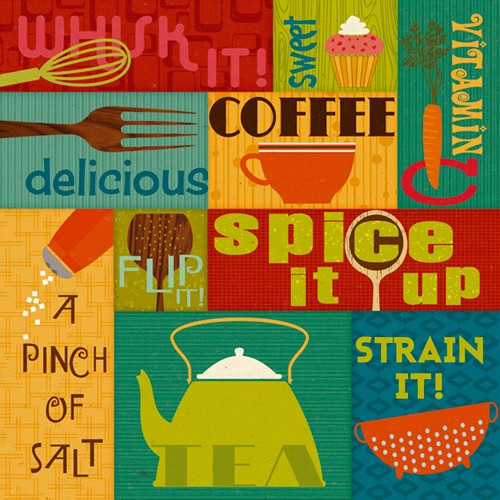 Pela Studio, Kitchen It! I (Wunschgröße, Grafik, Küchenutensilien, Patchwork, Küche, Esszimmer, Bistro, Café, bunt)