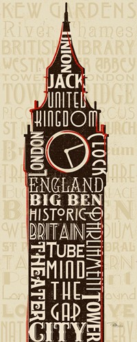 Pela Studio, London City Words II (Wunschgröße, Grafik, Big Ben, Wahrzeichen, London, England, Wohnzimmer, Arztpraxis, beige/braun)