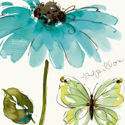 Pela Studio, Morning Dew I (Wunschgröße, Malerei, Aquarell, Blume, Blüte, Schmetterling, Botanik, floral, Treppenhaus, bunt)