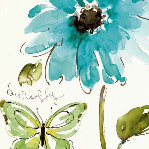 Pela Studio, Morning Dew II (Wunschgröße, Malerei, Aquarell, Blume, Blüte, Schmetterling, Botanik, floral, Treppenhaus, bunt)