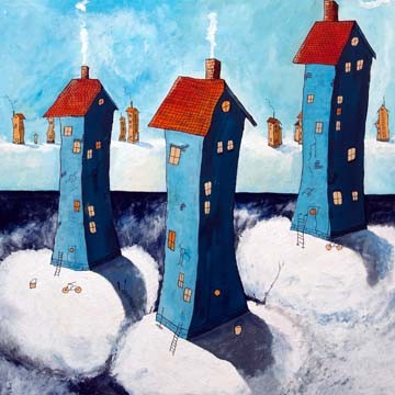 Per Nylen, Nice with some cloudy vacation (Häuser, baufällig, schief, Schnee, Winter, Malerei, filigran, naiv, liebevoll, Wohnzimmer, Treppenhaus, Wunschgröße, bunt)