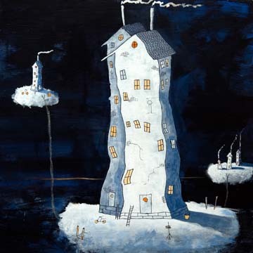 Per Nylen, Where did you put the bucket? (Häuser, baufällig, schief, Schnee, Winter, Malerei, filigran, naiv, liebevoll, Wohnzimmer, Treppenhaus, Wunschgröße, bunt)