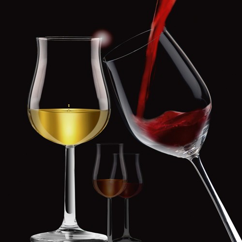 Peter Hillert, Liquids VII (Fotokunst, Glas, Rotwein, Weißwein, Transparenz, Eingießen, Küche, Gastronomie, Esszimmer, Bistro, Modern, rot / gold / schwarz)