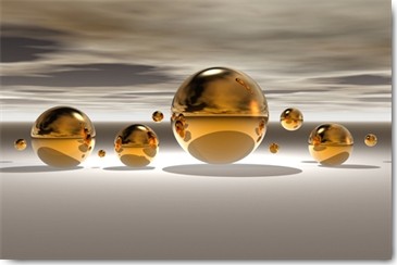 Peter Hillert, Golden Bowl II (Photokunst, Kugeln, Landschaft, Himmel, surreal, Wunschgröße, Modern, Wohnzimmer, Büro, Business, gold / grau)