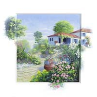 Peter Motz, Italian garden I (Landschaft, Garten, Idylle, mediterran, Sommer, Blumen, Villa, Wunschgröße, Wohnzimmer, Treppenhaus)