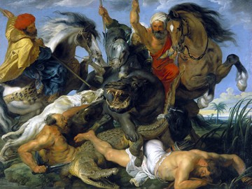 Peter Paul Rubens, Jagd auf Nilpferd und Krokodil (Jagdszene, Nilpferd, Krokodil, Orientalen, Kampf, Drama, Barock, Klassiker, Malerei, Schlafzimmer, Treppenhaus, Wohnzimmer, Wunschgröße, bunt)