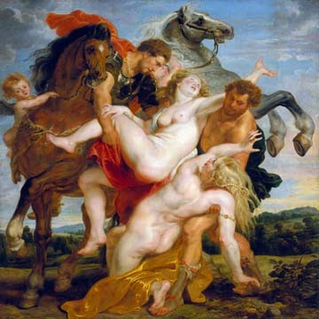 Peter Paul Rubens, Raub der Töchter des Leukippos (Frauenraub, Entführung, Aktmalerei, Pferde, dramatisch, mythologisch, Barock, Klassiker, Malerei, Treppenhaus, Wohnzimmer, Wunschgröße, bunt)