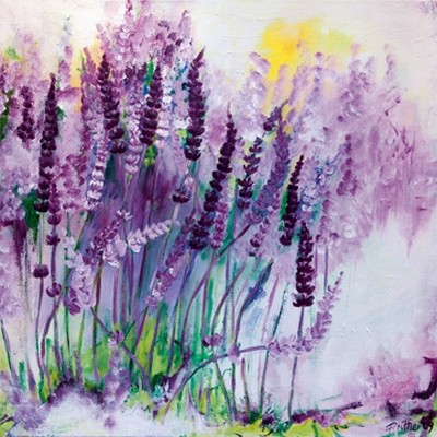 Petra Rüther, Lavendel I (Blumen, Blüten, Lavendel, Sommer, Botanik, Pflanzen, floral, Wunschgröße, zeitgenössische Malerei, Arztpraxis, Treppenhaus, Wohnzimmer, bunt)