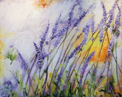 Petra Rüther, Lavendel III (Blumen, Blüten, Lavendel, Sommer, Botanik, Pflanzen, floral, Wunschgröße, zeitgenössische Malerei, Arztpraxis, Treppenhaus, Wohnzimmer, bunt)