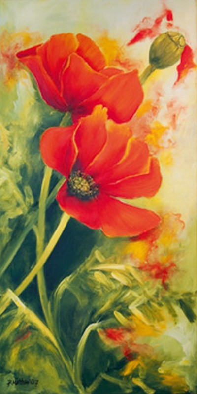 Petra Rüther, Mohnblüten I (Blumen, Blüten, roter Mohn, Sommer, Botanik, Pflanzen, floral, Wunschgröße, zeitgenössische Malerei, Arztpraxis, Treppenhaus, Wohnzimmer, bunt)