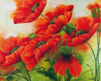 Petra Rüther, Mohnblüten II (Blumen, Blüten, roter Mohn, Sommer, Botanik, Pflanzen, floral, Wunschgröße, zeitgenössische Malerei, Arztpraxis, Treppenhaus, Wohnzimmer, bunt)