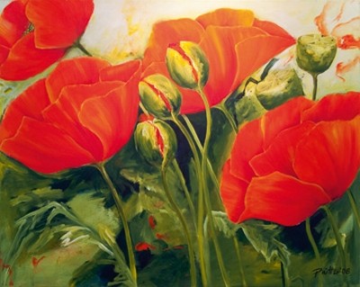 Petra Rüther, Mohnblüten III (Blumen, Blüten, roter Mohn, Sommer, Botanik, Pflanzen, floral, Wunschgröße, zeitgenössische Malerei, Arztpraxis, Treppenhaus, Wohnzimmer, bunt)