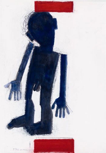 Petrus DE MAN, Sans titre, 2007 (Mann, nackt, Balken, Begrenzung, Schemen, Silhouette, modern, Treppenhaus, Wohnzimmer, Malerei, blau/weiß/rot)