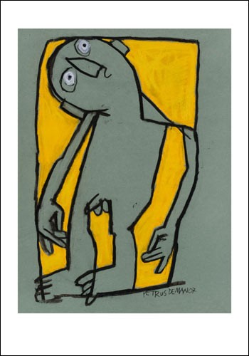 Petrus DE MAN, Sans titre, 2007 (Mann, nackt, eingeengt, begrenzt, unfrei, Schemen, abstrahiert, modern, Treppenhaus, Wohnzimmer, Malerei, grau/gelb)