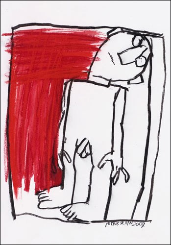 Petrus DE MAN, Sans titre, 2007 (Mann, nackt, eingeengt, begrenzt, unfrei, abstrahiert, modern, Treppenhaus, Wohnzimmer, Malerei, schwarz/weiß/rot)