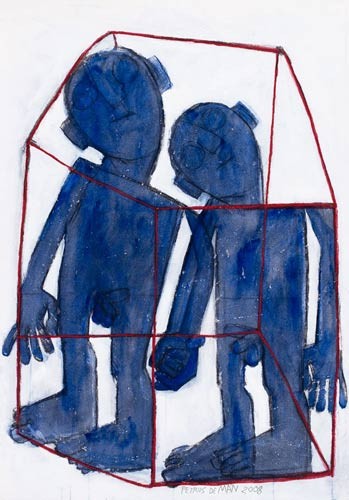 Petrus DE MAN, Sans titre, 2008 (Männer, nackt, Hand in Hand, Käfig, Schemen, Silhouette, modern, Treppenhaus, Wohnzimmer, Malerei, blau/weiß/rot)