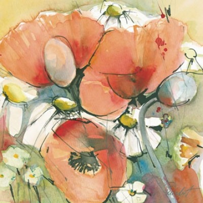 Marta Peuckert, Mohn und Margeriten (Blumen, Blüten, Mohnblüten, Margeriten, Pflanzen, abstrahiert, modern, Aquarell, Wohnzimmer, Treppenhaus, bunt)