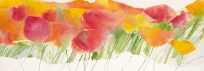 Marta Peuckert, Poppy ribbon yellow (Blumen, Blüten, Mohnblüten, Blumenwiese, Pflanzen, abstrahiert, modern, Aquarell, Wohnzimmer, Treppenhaus, bunt)