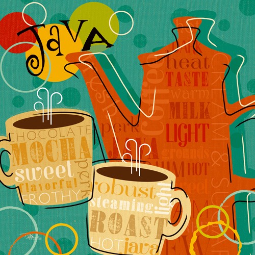 Pela Studio, Funky Brew IV (Wunschgröße, Grafik, Kanne, Kaffeekanne, Kaffeetassen, Java, Küche, Esszimmer, Bistro, Café, bunt)