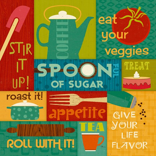 Pela Studio, Kitchen It! II (Wunschgröße, Grafik, Küchenutensilien, Patchwork, Küche, Esszimmer, Bistro, Café, bunt)