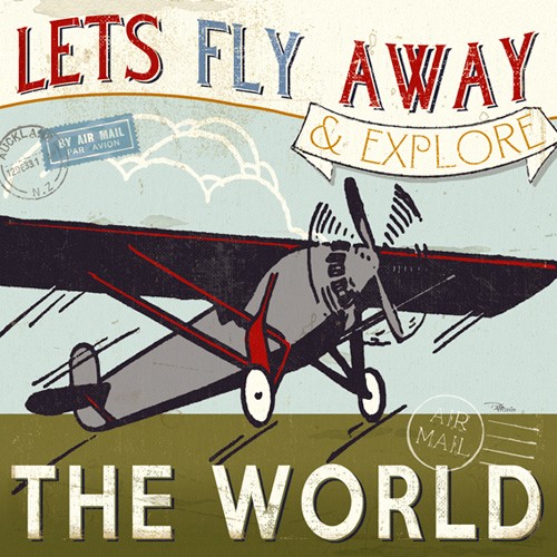 Pela Studio, Lets Travel II (Wunschgröße, Grafik, Flugzeug, Flieger, Propeller, Abenteuer, Aufbruch, Reise, Treppenhaus, Retro, bunt)