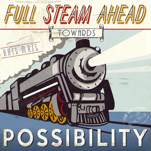 Pela Studio, Lets Travel IV (Wunschgröße, Grafik, Eisenbahn, Dampflok,  Abenteuer, Aufbruch, Reise, Treppenhaus, Retro, bunt)