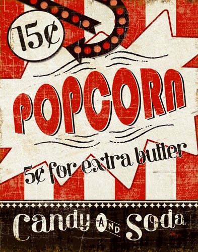 Pela Studio, Movie Night II (Wunschgröße, Grafik, Werbung, Popcorn, Kinobesuch, Kinofilm, Kino, Theater, Treppenhaus, Bistro, Gastronomie, Esszimmer, Retro, bunt)