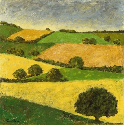 Françoise Persillon, Paysage I (Landschaft, Landschaftsmalerei, Felder, Hügel, Bäume, zeitgenössisch, Wohnzimmer, Esszimmer, bunt)