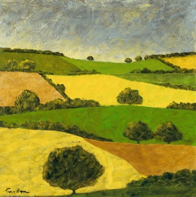 Françoise Persillon, Paysage II (Landschaft, Landschaftsmalerei, Felder, Hügel, Bäume, zeitgenössisch, Wohnzimmer, Esszimmer, bunt)