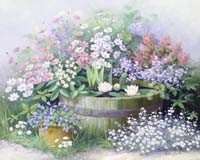 Peter Motz, Waterlilies (Blumen, Stillleben, Bouquet, üppig, Wasserbottich, Sommerblumen, Floral, Wunschgröße, Wohnzimmer, Esszimmer)