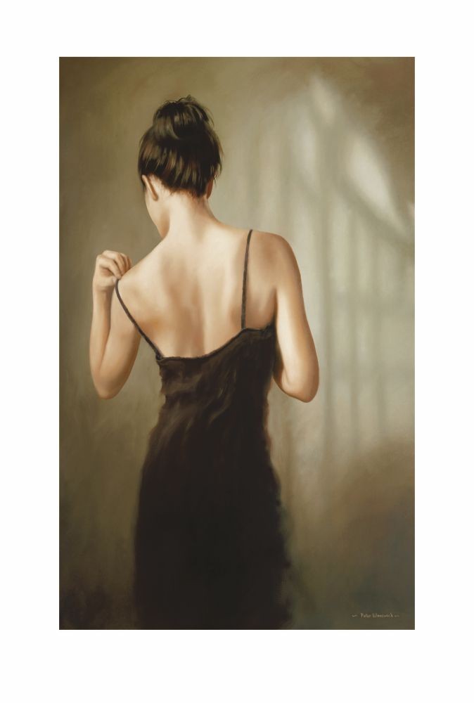 Peter Worswick, Sensual I (Menschen, People & Eros, Erotik, Akt, Aktmalerei, Rückenakt, Negligee, junge Frau, lasziv, Schlafzimmer, Malerei, bunt)