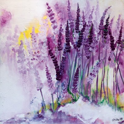 Petra Rüther, Lavendel II (Blumen, Blüten, Lavendel, Sommer, Botanik, Pflanzen, floral, Wunschgröße, zeitgenössische Malerei, Arztpraxis, Treppenhaus, Wohnzimmer, bunt)