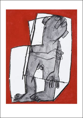 Petrus DE MAN, Sans titre, 2009 (Mann, nackt, eingeengt, begrenzt, unfrei, Schemen, abstrahiert, modern, Treppenhaus, Wohnzimmer, Malerei, grau/weiß, rot)