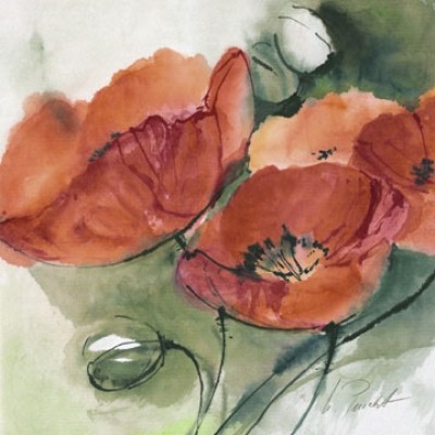 Marta Peuckert, Mohnblüten (Blumen, Blüten, Mohnblüten, Pflanzen, abstrahiert, modern, Aquarell, Wohnzimmer, Treppenhaus, bunt)