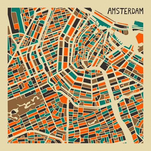 Jazzberry Blue, Amsterdam (Stadtplan, Stadt, Metropole, Hauptstadt, Niederlande, Straßen, Grachten, geometrische Formen, Raster, Straßennetz, abstrahiert, Wohnzimmer, Büro, Wunschgröße, bunt)