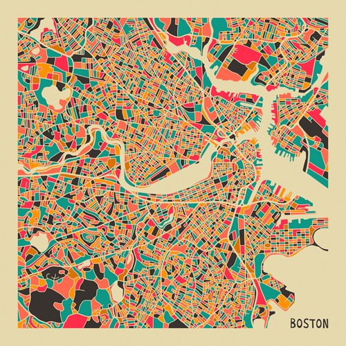 Jazzberry Blue, Boston (Stadtplan, Stadt, Metropole, Hauptstadt, Massachusetts, USA, Straßen, geometrische Formen, Raster, Straßennetz, abstrahiert, Wohnzimmer, Büro, Wunschgröße, bunt)