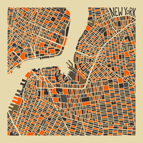 Jazzberry Blue, Brooklyn (Stadtplan, Stadt, Metropole, Hauptstadt, New York, USA, Straßen, geometrische Formen, Raster, Straßennetz, abstrahiert, Wohnzimmer, Büro, Wunschgröße, bunt)