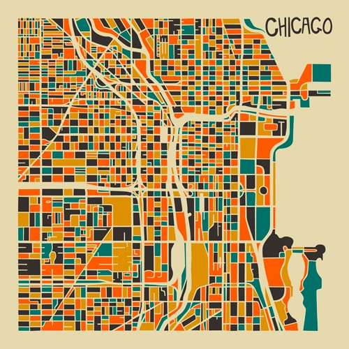 Jazzberry Blue, Chicago (Stadtplan, Stadt, Metropole, Großstadt, USA, Straßen, geometrische Formen, Raster, Straßennetz, abstrahiert, Wohnzimmer, Büro, Wunschgröße, bunt)